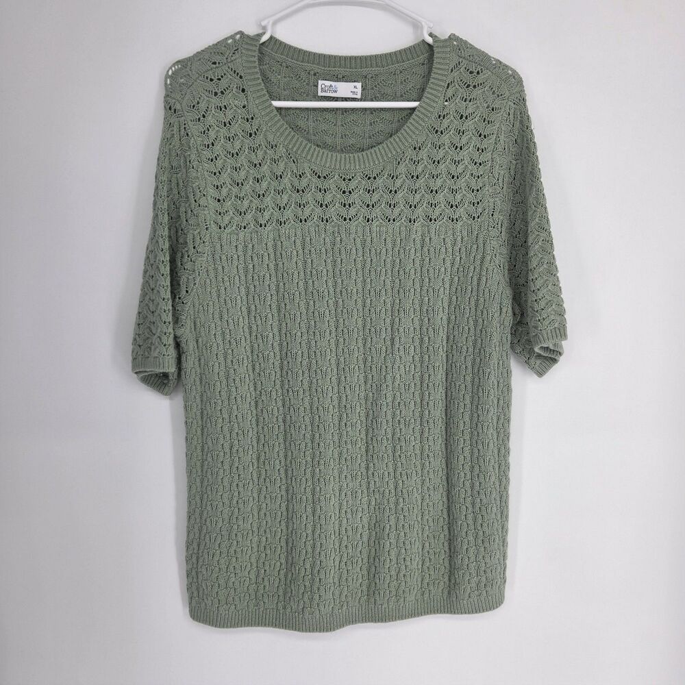 Croft & Barrow Sage Green Pointelle Cable Knit Short Sleeve Sweater Top XL